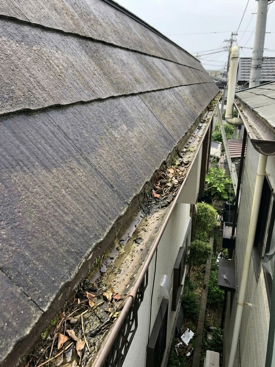 屋根塗装・雨樋交換前の屋根と既存雨樋の状態