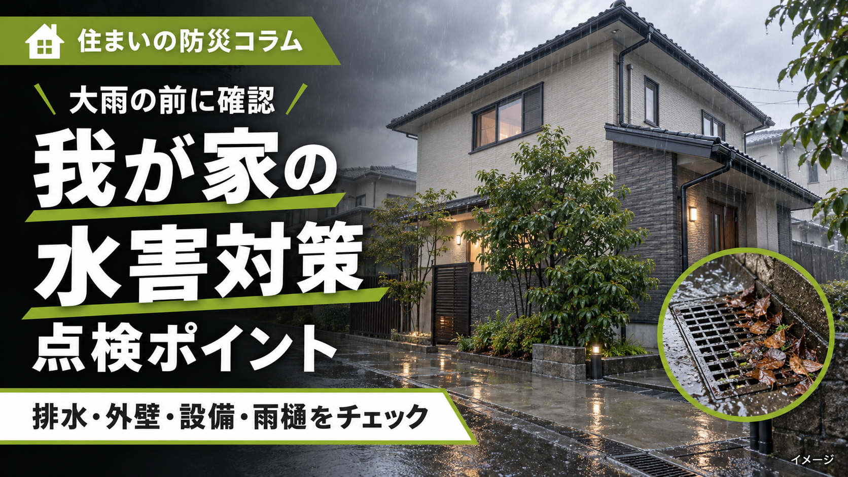 我が家の水害対策と点検ポイント。排水・外壁・設備・雨樋をチェックする防災コラムのイメージ